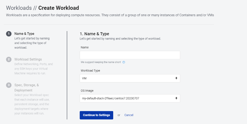 Stackpath UI screenshot showing the creation of a VM workload