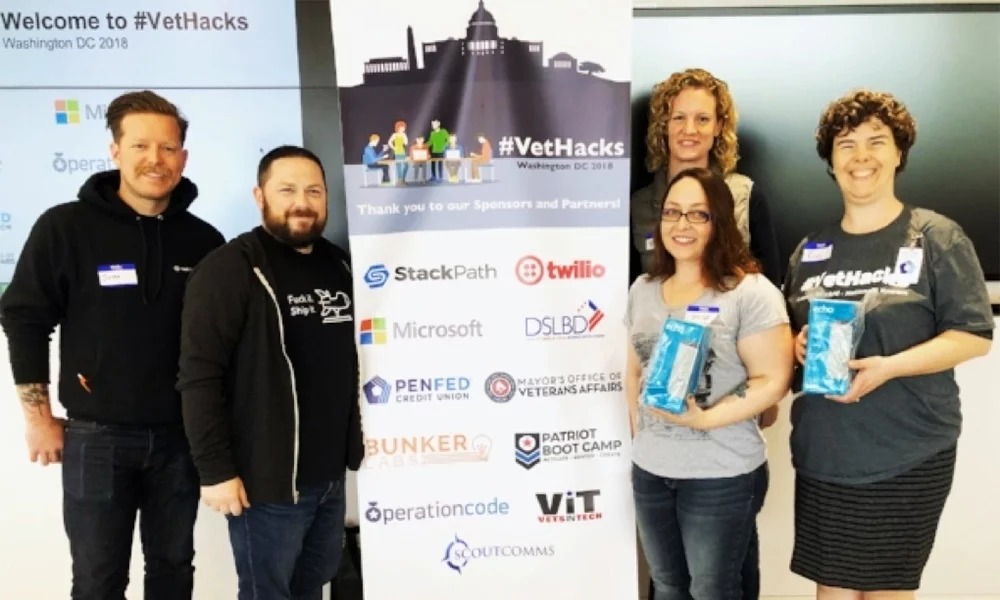 Judges from StackPath, Patriot Boot Camp and Bunker Labs with VetHacks Winning Team